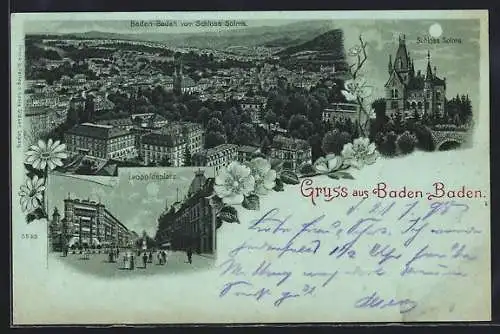 Mondschein-Lithographie Baden-Baden, Leopoldsplatz, Schloss Solms, Ortsansicht
