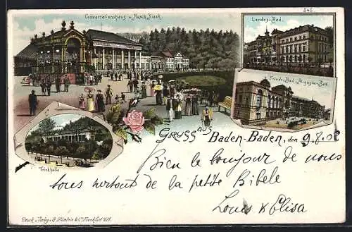 Lithographie Baden-Baden, Conversationshaus mit Musik-Kiosk, Landes-Bad, Trinkhalle, Friedr.-Bad und Augusta-Bad