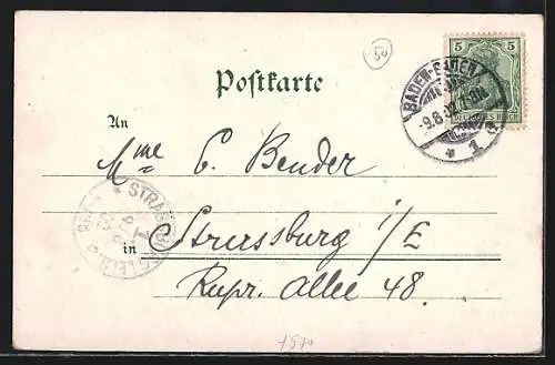 Lithographie Baden-Baden, Conversationshaus mit Musik-Kiosk, Landes-Bad, Trinkhalle, Friedr.-Bad und Augusta-Bad