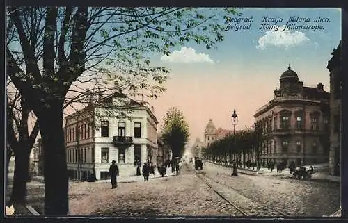 AK Belgrad, König Milanstrasse mit Passanten