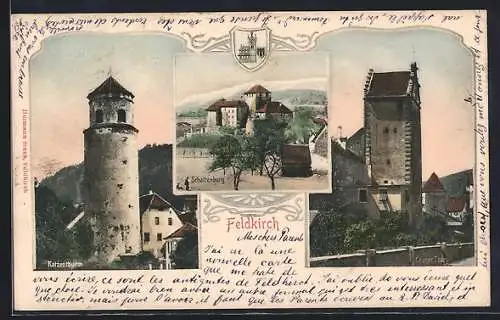 AK Feldkirch, Schattenburg, Katzenturm und Churer Tor