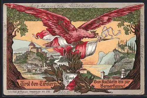 Künstler-AK Kufstein, Von Kufstein bis zur Bernerklause, Teilansicht, Ortspartie, Adler mit Fahne