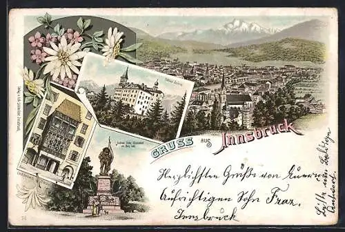 Lithographie Innsbruck, Goldenes Dachl, Schloss Ambras, Andreas Hofer-Monument am Berg Isel