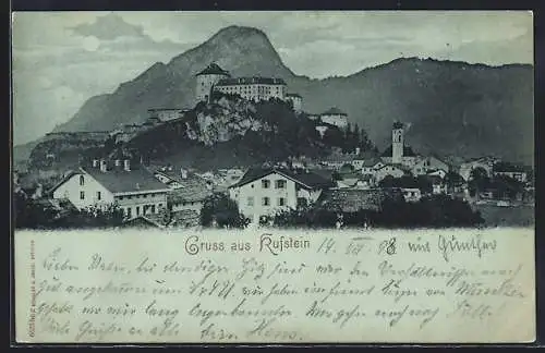 Mondschein-AK Kufstein, Teilansicht mit Blick zur Burg