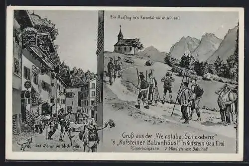 Künstler-AK Kufstein, Gasthaus Schicketanz, Römerhofgasse, mit Ausflüglern, Karikatur