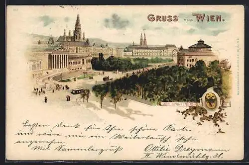 Lithographie Wien, Am Franzensring mit Parlament