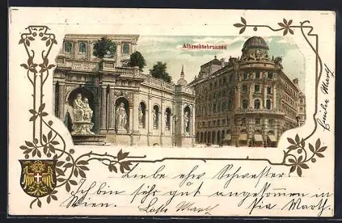 Lithographie Wien, Partie am Albrechtsbrunnen, Wappen