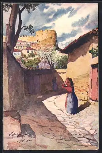 Künstler-AK Salonique, forteresse Yedi-Kule