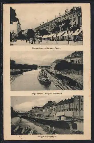 AK Nagybecskerek, Hunyadi-Gasse, Bega-részlet, Polgári népiskola, Dungyerszky-sörgyár