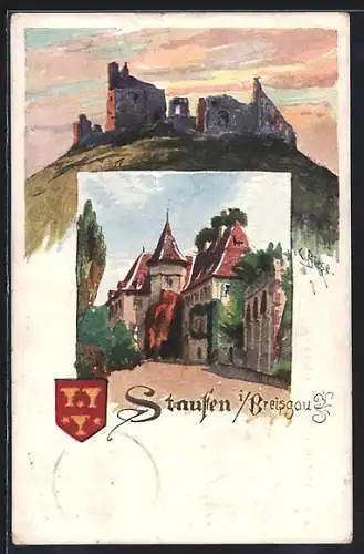 Künstler-AK C.Biese: Staufen, Strassenpartie, Wappen