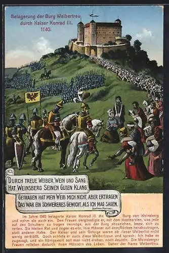 Künstler-AK Weinsberg, Belagerung der Burg Weibertreu durch Kaiser Konrad III. um 1140