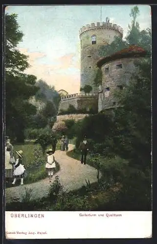 AK Überlingen / Bodensee, Passanten im Park unter dem Gallerthurm