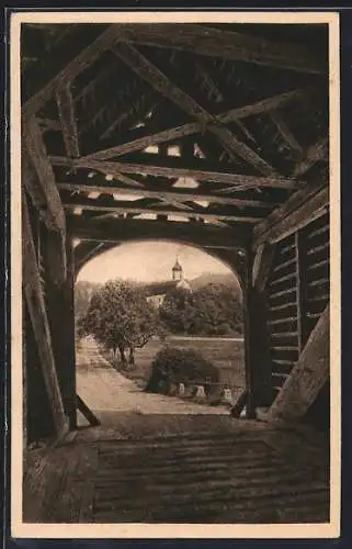 AK Beuron, Holzbrücke mit Abtei