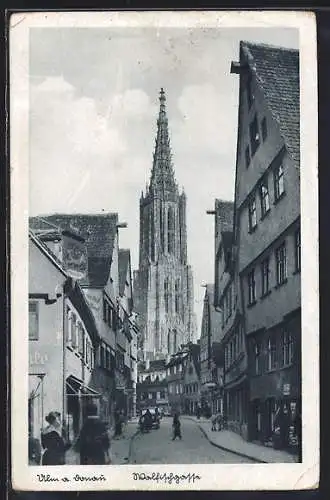 AK Ulm, Strassenpartie mit Blick zum Münster