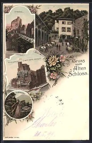 Lithographie Baden-Baden, Rittersaal, Altes Schloss mit Restaurant