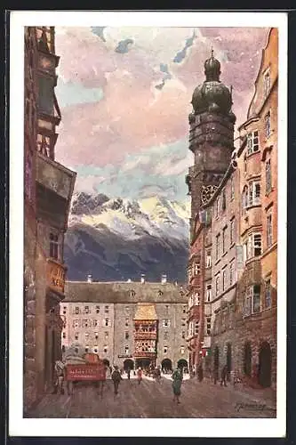 Künstler-AK Innsbruck, Herzog Friedrichstrasse mit Stadtturm und goldenem Dachl