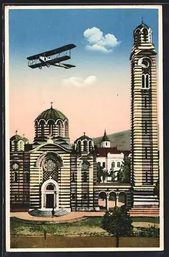 AK Banja Luka, Doppeldecker über Kirche, Srpskopravoslavna crkva