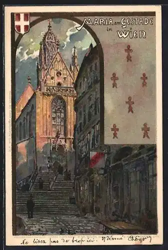 Künstler-AK Wien, Maria am Gestade mit Anwohnern