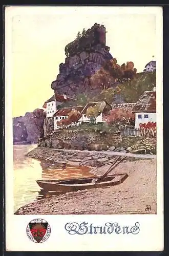 AK Deutscher Schulverein Nr.281: Struden, Ruderboot am Strand mit Teilansicht vom Ort