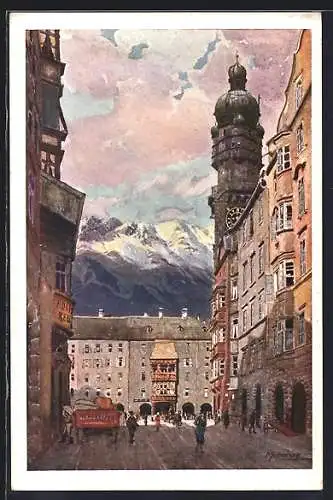 Künstler-AK Innsbruck, Herzog Friedrichstrasse mit Stadtturm und goldenem Dachl
