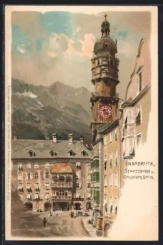 Künstler-AK Innsbruck, Partie am Stadtthurm und Goldenes Dach