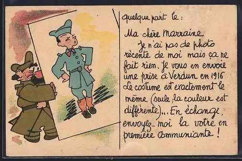 Künstler-AK Soldat trägt ein Bild von einem anderen Soldaten