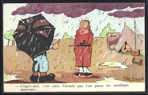 AK französischer Soldat im Regenwetter auf Wachposten
