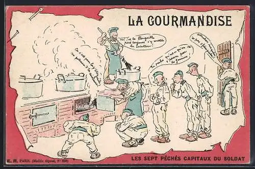 Künstler-AK La Gourmandise, Soldaten in der Küche