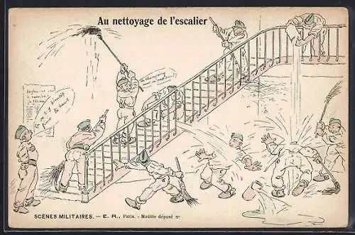 Künstler-AK Scènes Militaires, Au nettoyage de l`escalier
