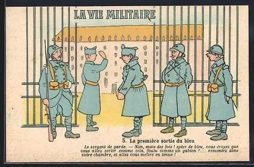 Künstler-AK La Vie Militaire, La première sortie du bleu