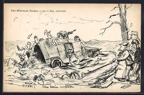 Künstler-AK Soldaten fahren ein Auto in einen Fluss