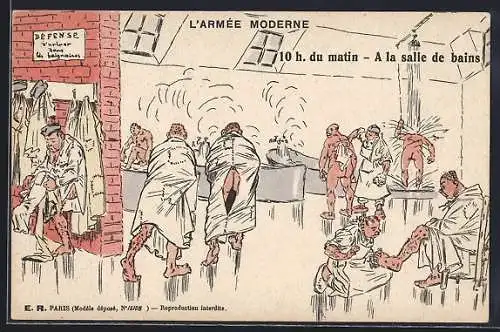 AK L`Armée Moderne, 10 h du matin, A la salle de bains, französische Soldaten gehen in die Badewannen