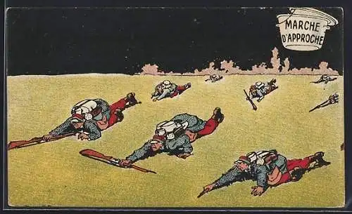 Künstler-AK Marche d`Approche, Soldaten auf dem Weg über ein Feld