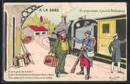 Künstler-AK A la Gare, En Pays annexé, 6e jour de la Mobilisation