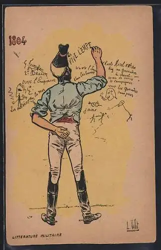Künstler-AK Litterature Militaire, Soldat schreibt an eine Wand