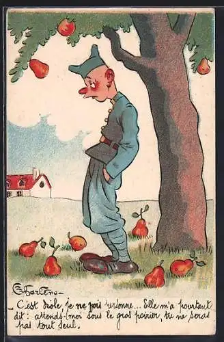 Künstler-AK Soldat steht unter einem Birnenbaum