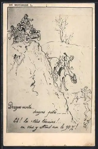Künstler-AK On motorise!, Soldaten auf Pferden und im Auto