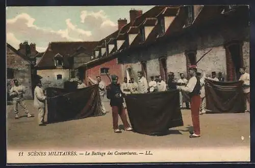 AK Scènes Militaires, Le Battage des Couvertures