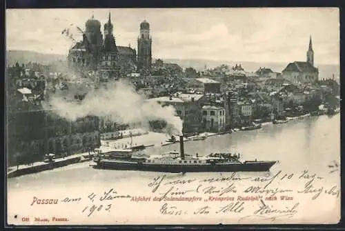 AK Passau, Abfahrt des Donau-Salondampfers Kronprinz Rudolph nach Wien
