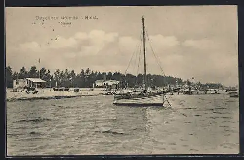 AK Grömitz i. Holst., Strandpartie mit Cafe vom Wasser aus