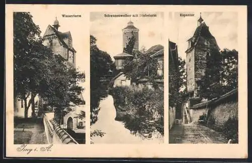 AK Isny i. A., Espantor, Schwanenweiher mit Diebesturm, Wasserturm