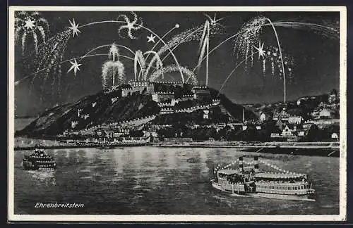 AK Ehrenbreitstein, Ortsansicht mit Feuerwerk und Flusspartie