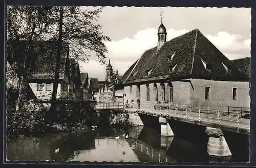 AK Weil der Stadt, Würmpartie mit Spitalkapelle und Blick zur Stadtkirche