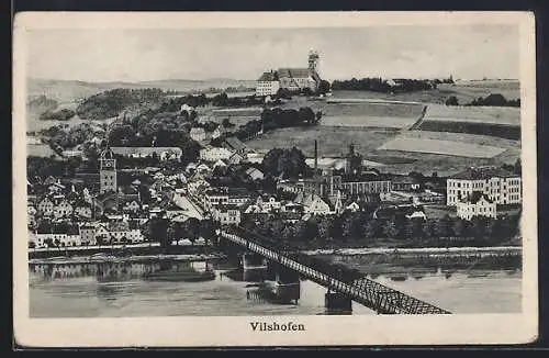 AK Vilshofen, Uferpartie mit Brücke