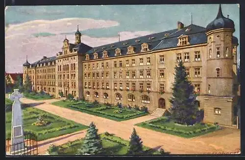 Künstler-AK Ursberg, Mutterhaus mit Gartenlanlage