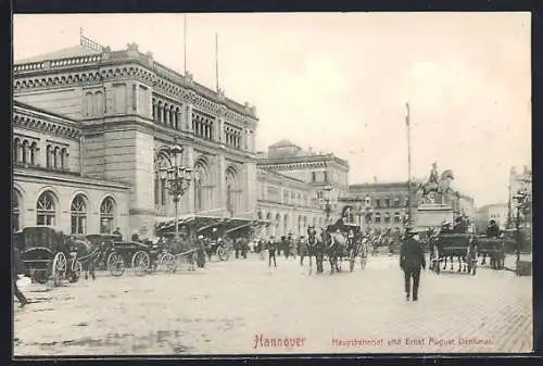 AK Hannover, Hauptbahnhof und Ernst August Denkmal