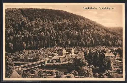 AK Neuenbürg-Enz, Ortspartie mit Blick auf die Bahnhofs-Wirtschaft