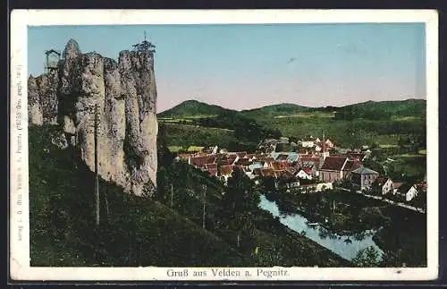 AK Velden a. Pegnitz, Totalansicht mit Felsmauer