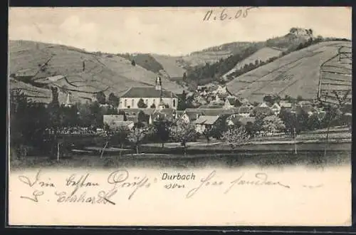 AK Durbach, Ortsansicht mit Bergpanorama