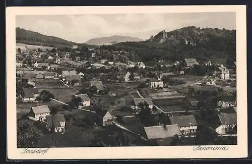 AK Jonsdorf, Ortsansicht mit Bergpanorama aus der Vogelschau
